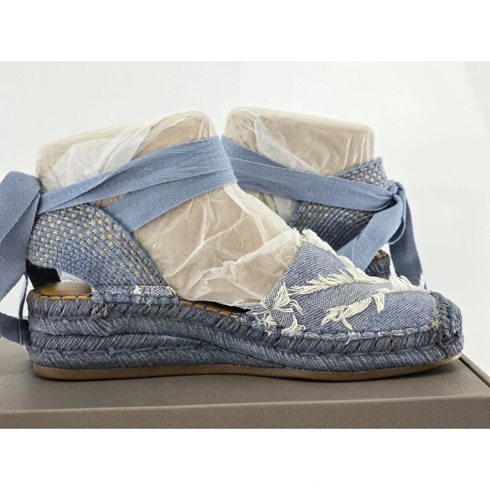 Franco Sarto L-Britney Espadrille Sandals Womens 7.5 Blue Denim Wedge Tie -New